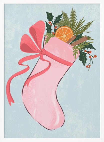 A festive illustration of a pink Christmas stocking against a light blue textured background. The stocking is tied with a large pink ribbon and is filled with holiday greenery, including holly with red berries, pine needles, a slice of dried orange, and cinnamon sticks. Decor