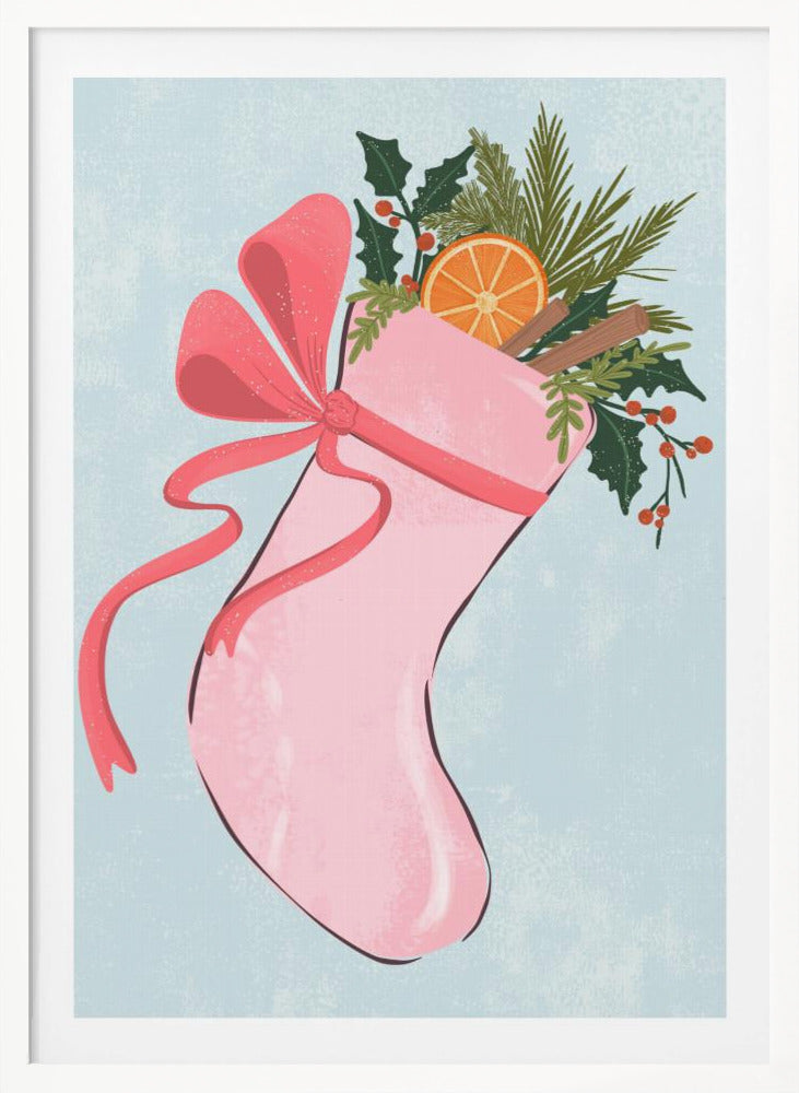 A festive illustration of a pink Christmas stocking against a light blue textured background. The stocking is tied with a large pink ribbon and is filled with holiday greenery, including holly with red berries, pine needles, a slice of dried orange, and cinnamon sticks. Decor