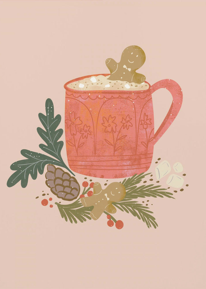 A charming holiday illustration of a red mug filled with hot chocolate and marshmallows, with a gingerbread man cookie peeking out. The mug sits on a bed of pine branches, a pinecone, and red berries, with another gingerbread man lying nearby, all against a solid light pink background. Wall Art