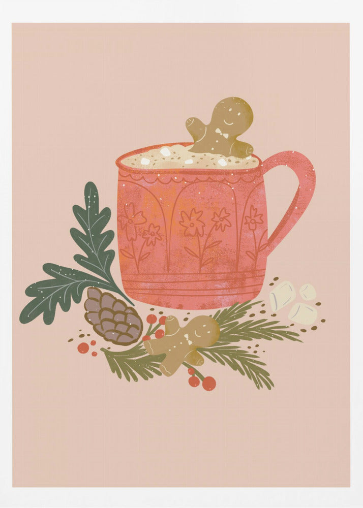 A charming holiday illustration of a red mug filled with hot chocolate and marshmallows, with a gingerbread man cookie peeking out. The mug sits on a bed of pine branches, a pinecone, and red berries, with another gingerbread man lying nearby, all against a solid light pink background. Wall Art