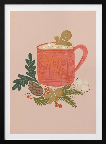 A charming holiday illustration of a red mug filled with hot chocolate and marshmallows, with a gingerbread man cookie peeking out. The mug sits on a bed of pine branches, a pinecone, and red berries, with another gingerbread man lying nearby, all against a solid light pink background. Wall Art