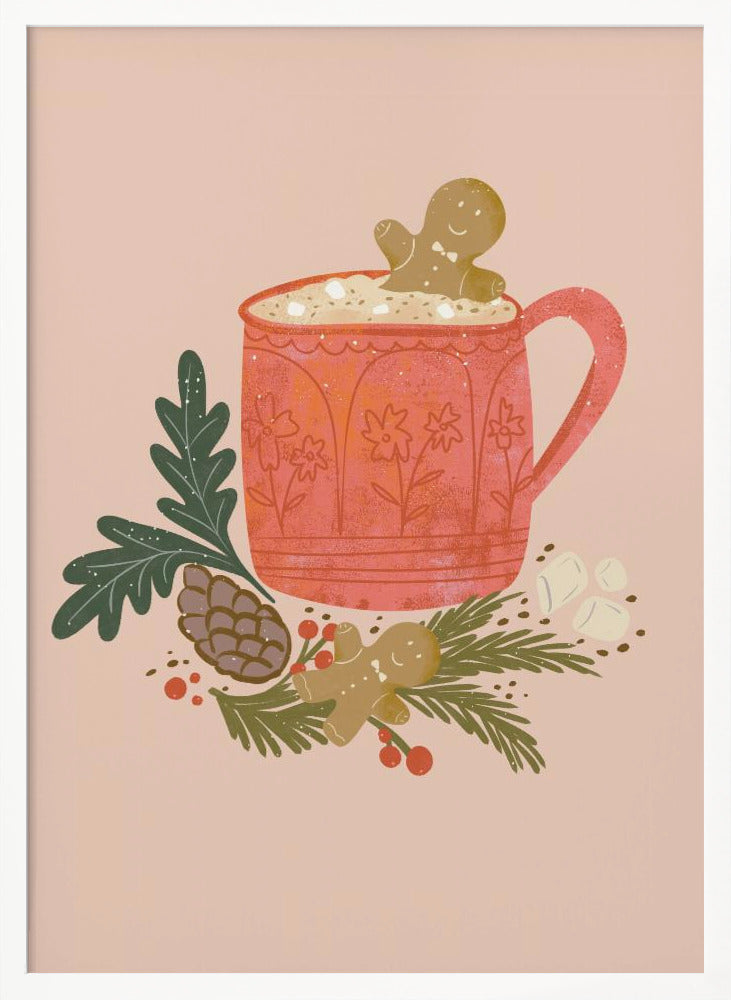 A charming holiday illustration of a red mug filled with hot chocolate and marshmallows, with a gingerbread man cookie peeking out. The mug sits on a bed of pine branches, a pinecone, and red berries, with another gingerbread man lying nearby, all against a solid light pink background. Wall Art