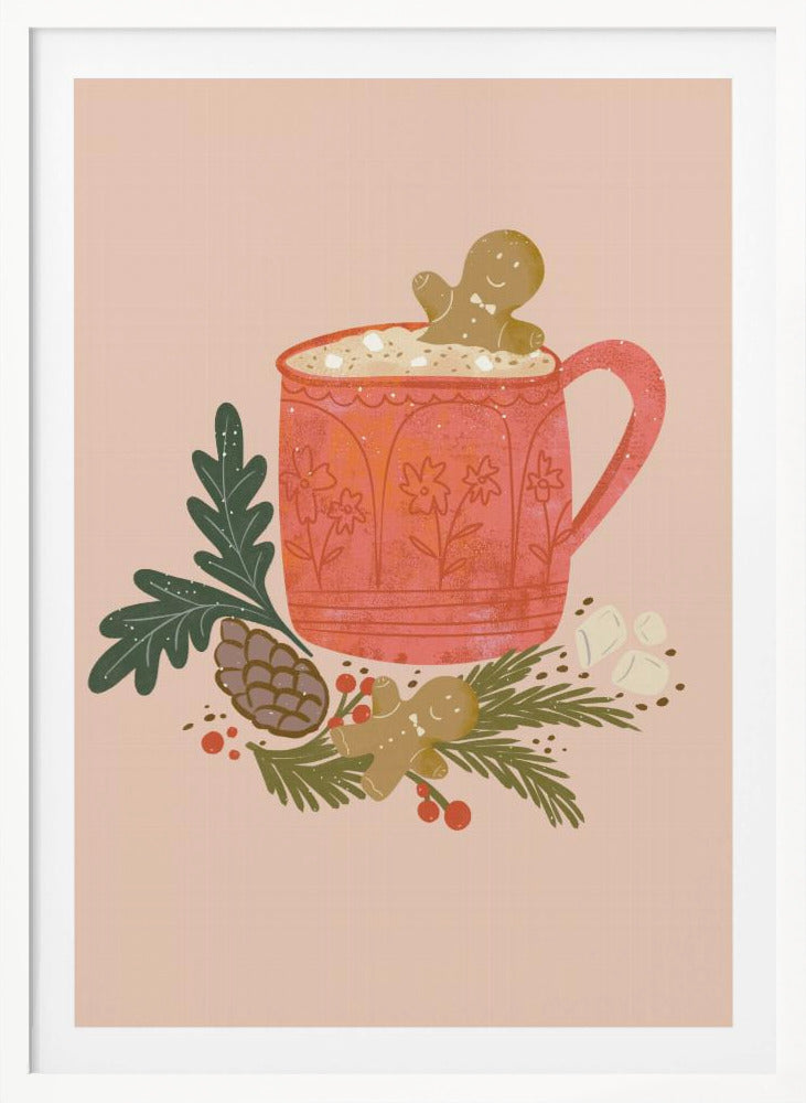 A charming holiday illustration of a red mug filled with hot chocolate and marshmallows, with a gingerbread man cookie peeking out. The mug sits on a bed of pine branches, a pinecone, and red berries, with another gingerbread man lying nearby, all against a solid light pink background. Wall Art