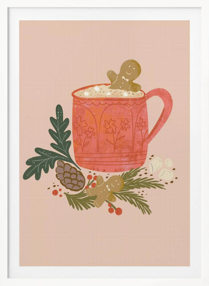 A charming holiday illustration of a red mug filled with hot chocolate and marshmallows, with a gingerbread man cookie peeking out. The mug sits on a bed of pine branches, a pinecone, and red berries, with another gingerbread man lying nearby, all against a solid light pink background. Wall Art
