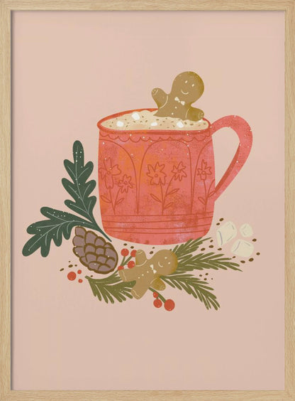 A charming holiday illustration of a red mug filled with hot chocolate and marshmallows, with a gingerbread man cookie peeking out. The mug sits on a bed of pine branches, a pinecone, and red berries, with another gingerbread man lying nearby, all against a solid light pink background. Wall Art
