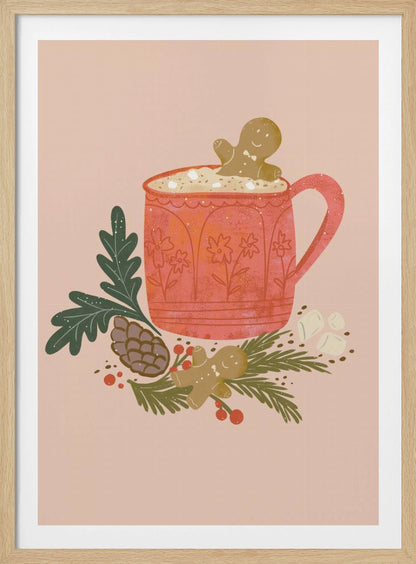 A charming holiday illustration of a red mug filled with hot chocolate and marshmallows, with a gingerbread man cookie peeking out. The mug sits on a bed of pine branches, a pinecone, and red berries, with another gingerbread man lying nearby, all against a solid light pink background. Wall Art