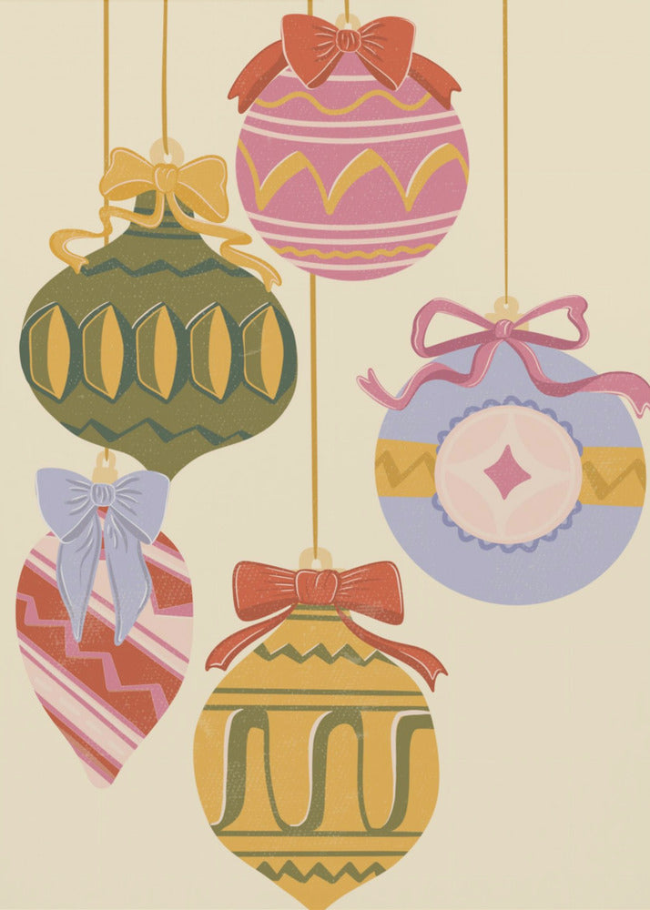 A vintage-style illustration of five colorful Christmas ornaments hanging against a cream background. Each uniquely shaped and patterned ornament is topped with a decorative bow, featuring a muted color palette of pink, green, yellow, red, and blue. Wall Art