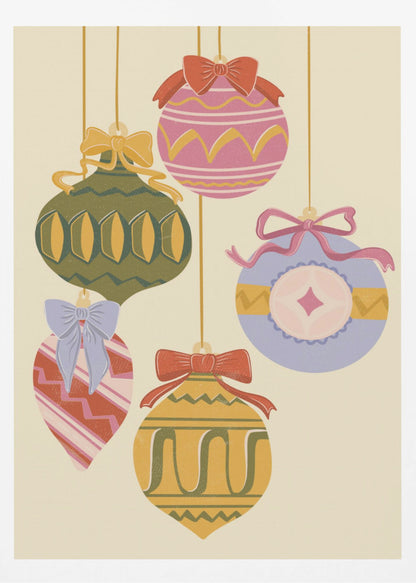 A vintage-style illustration of five colorful Christmas ornaments hanging against a cream background. Each uniquely shaped and patterned ornament is topped with a decorative bow, featuring a muted color palette of pink, green, yellow, red, and blue. Wall Art