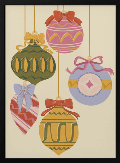 A vintage-style illustration of five colorful Christmas ornaments hanging against a cream background. Each uniquely shaped and patterned ornament is topped with a decorative bow, featuring a muted color palette of pink, green, yellow, red, and blue. Wall Art