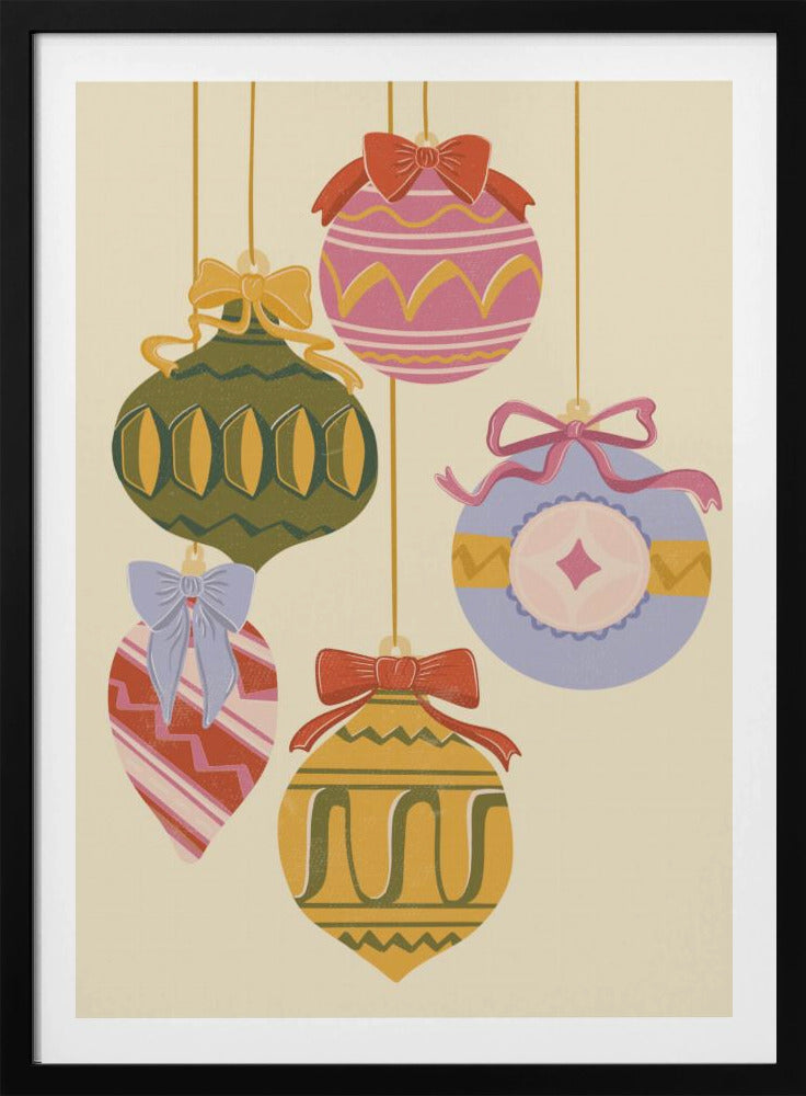 A vintage-style illustration of five colorful Christmas ornaments hanging against a cream background. Each uniquely shaped and patterned ornament is topped with a decorative bow, featuring a muted color palette of pink, green, yellow, red, and blue. Wall Art