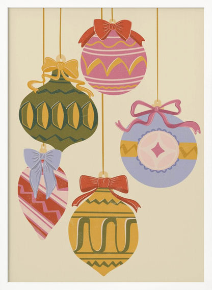 A vintage-style illustration of five colorful Christmas ornaments hanging against a cream background. Each uniquely shaped and patterned ornament is topped with a decorative bow, featuring a muted color palette of pink, green, yellow, red, and blue. Wall Art