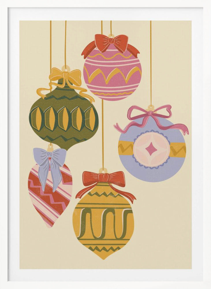 A vintage-style illustration of five colorful Christmas ornaments hanging against a cream background. Each uniquely shaped and patterned ornament is topped with a decorative bow, featuring a muted color palette of pink, green, yellow, red, and blue. Wall Art