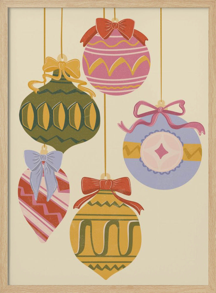 A vintage-style illustration of five colorful Christmas ornaments hanging against a cream background. Each uniquely shaped and patterned ornament is topped with a decorative bow, featuring a muted color palette of pink, green, yellow, red, and blue. Wall Art
