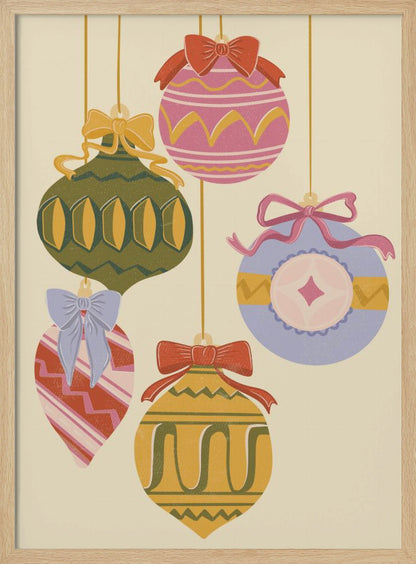 A vintage-style illustration of five colorful Christmas ornaments hanging against a cream background. Each uniquely shaped and patterned ornament is topped with a decorative bow, featuring a muted color palette of pink, green, yellow, red, and blue. Wall Art