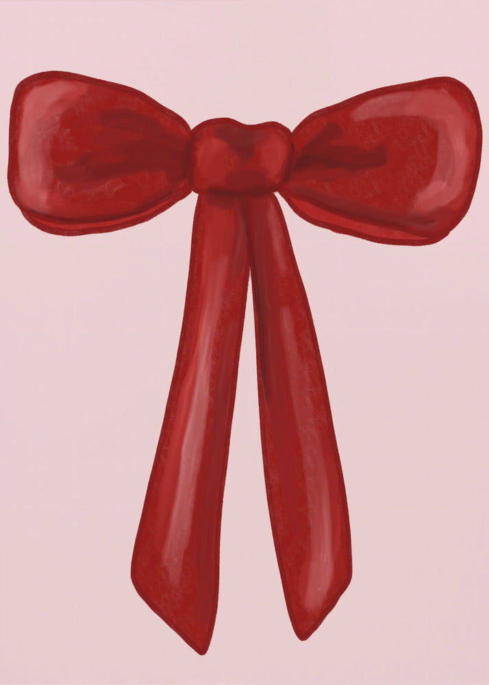 A digital painting of a large, shiny red ribbon tied into a bow, centered against a solid light pink background. The artwork is shown within a thin black frame. Print