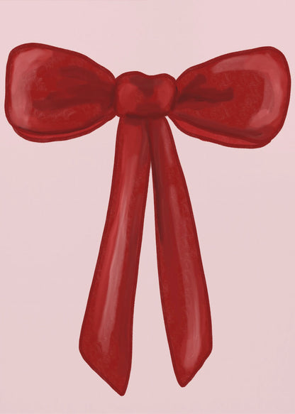 A digital painting of a large, shiny red ribbon tied into a bow, centered against a solid light pink background. The artwork is shown within a thin black frame. Print