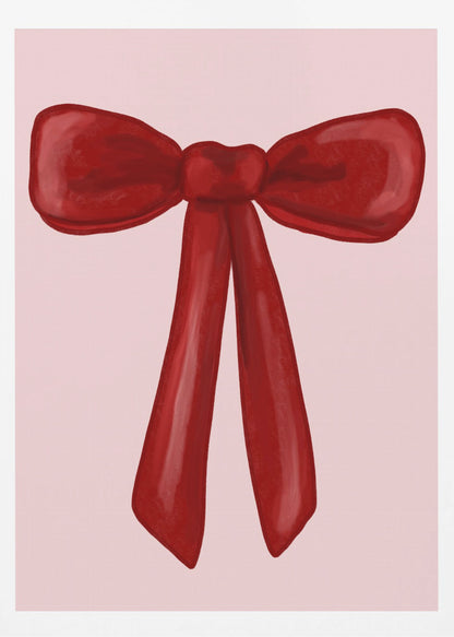 A digital painting of a large, shiny red ribbon tied into a bow, centered against a solid light pink background. The artwork is shown within a thin black frame. Print