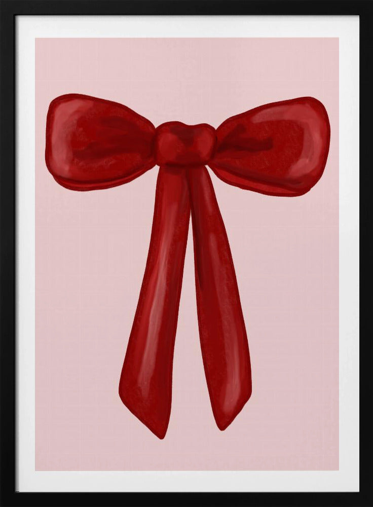 A digital painting of a large, shiny red ribbon tied into a bow, centered against a solid light pink background. The artwork is shown within a thin black frame. Print