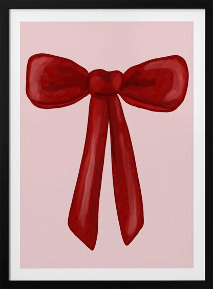 A digital painting of a large, shiny red ribbon tied into a bow, centered against a solid light pink background. The artwork is shown within a thin black frame. Print
