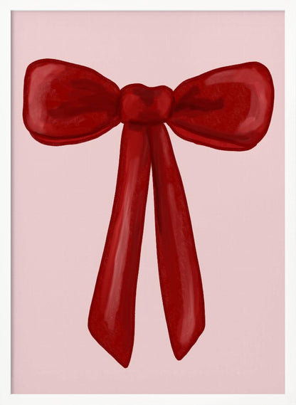 A digital painting of a large, shiny red ribbon tied into a bow, centered against a solid light pink background. The artwork is shown within a thin black frame. Print