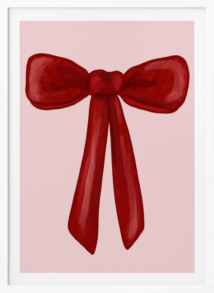 A digital painting of a large, shiny red ribbon tied into a bow, centered against a solid light pink background. The artwork is shown within a thin black frame. Print