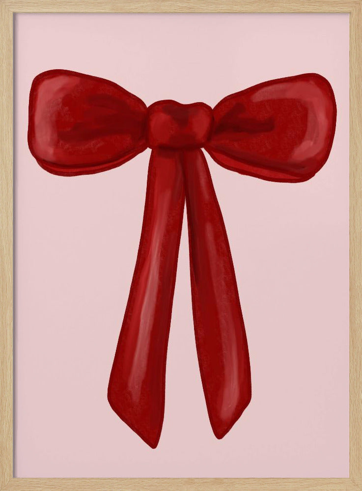 A digital painting of a large, shiny red ribbon tied into a bow, centered against a solid light pink background. The artwork is shown within a thin black frame. Print