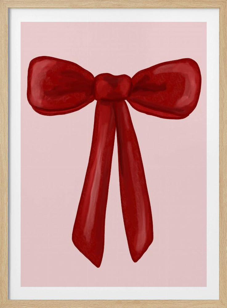 A digital painting of a large, shiny red ribbon tied into a bow, centered against a solid light pink background. The artwork is shown within a thin black frame. Print