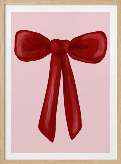 A digital painting of a large, shiny red ribbon tied into a bow, centered against a solid light pink background. The artwork is shown within a thin black frame. Print
