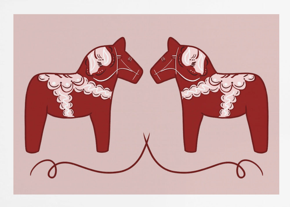 A symmetrical illustration of two red Swedish Dala horses facing each other against a light pink background. The horses are decorated with intricate white and pink folk art patterns. The artwork is presented within a silver frame. Artwork