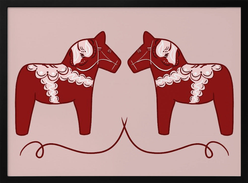 A symmetrical illustration of two red Swedish Dala horses facing each other against a light pink background. The horses are decorated with intricate white and pink folk art patterns. The artwork is presented within a silver frame. Artwork