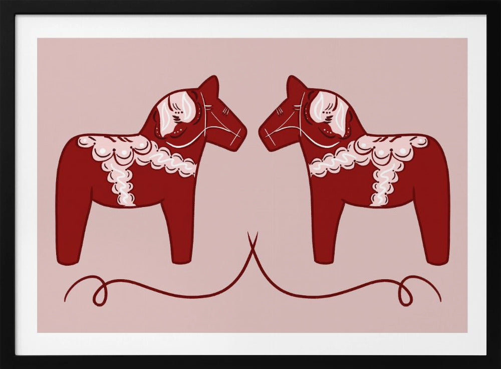 A symmetrical illustration of two red Swedish Dala horses facing each other against a light pink background. The horses are decorated with intricate white and pink folk art patterns. The artwork is presented within a silver frame. Artwork