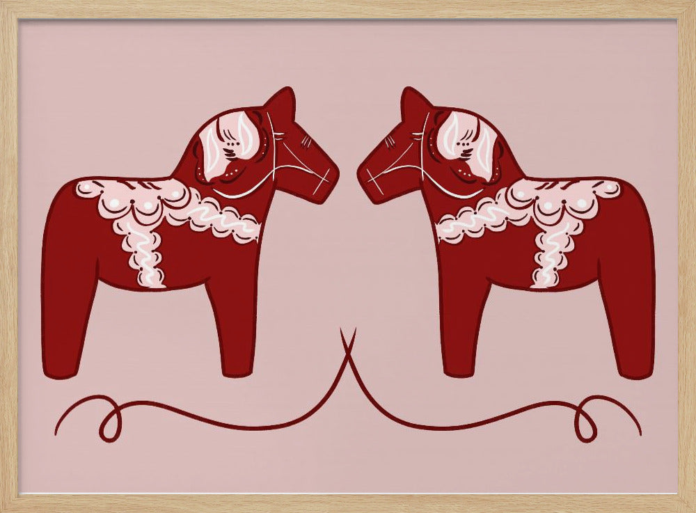 A symmetrical illustration of two red Swedish Dala horses facing each other against a light pink background. The horses are decorated with intricate white and pink folk art patterns. The artwork is presented within a silver frame. Artwork
