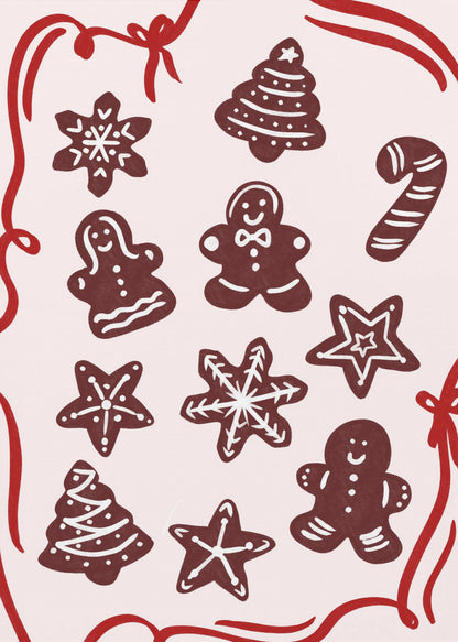 An illustration of various gingerbread Christmas cookies, including gingerbread men, trees, stars, and a candy cane, decorated with white icing. The cookies are on a light pink background and framed by a red ribbon border. Wall Art