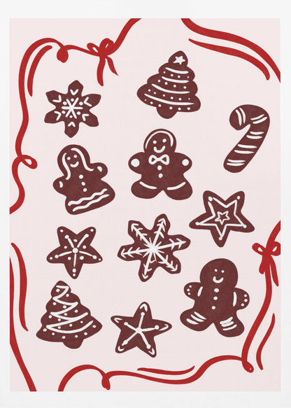 An illustration of various gingerbread Christmas cookies, including gingerbread men, trees, stars, and a candy cane, decorated with white icing. The cookies are on a light pink background and framed by a red ribbon border. Wall Art