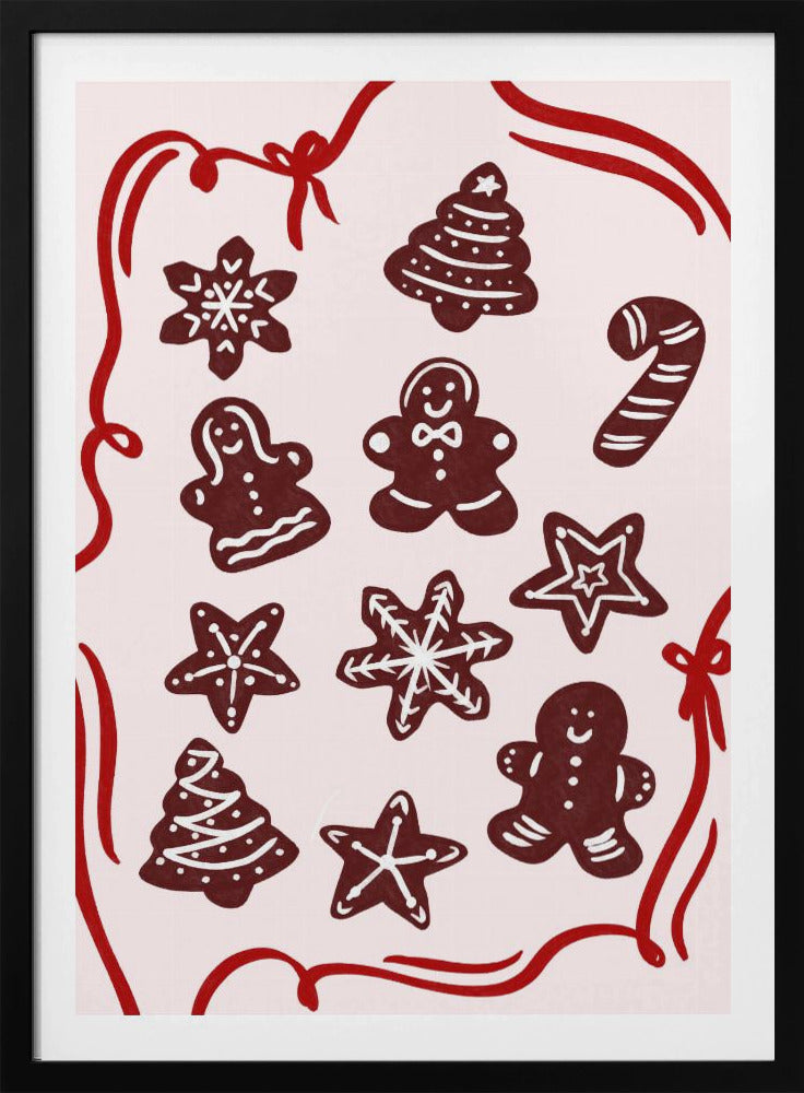 An illustration of various gingerbread Christmas cookies, including gingerbread men, trees, stars, and a candy cane, decorated with white icing. The cookies are on a light pink background and framed by a red ribbon border. Wall Art