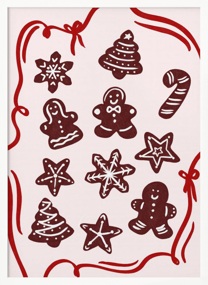 An illustration of various gingerbread Christmas cookies, including gingerbread men, trees, stars, and a candy cane, decorated with white icing. The cookies are on a light pink background and framed by a red ribbon border. Wall Art