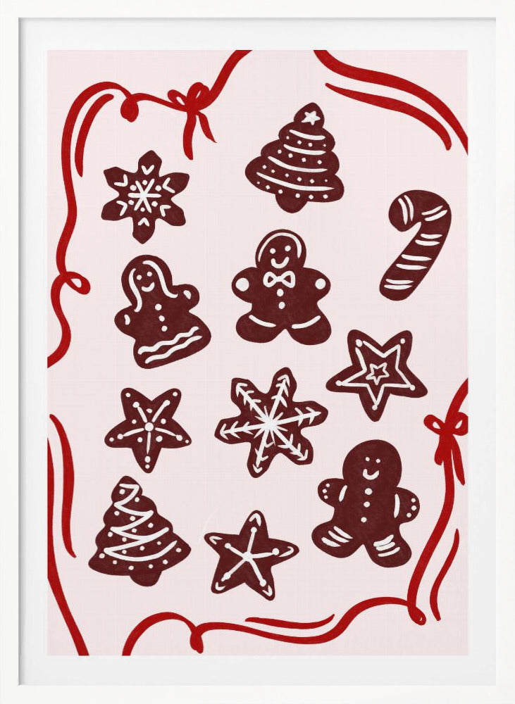 An illustration of various gingerbread Christmas cookies, including gingerbread men, trees, stars, and a candy cane, decorated with white icing. The cookies are on a light pink background and framed by a red ribbon border. Wall Art