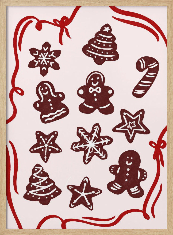 An illustration of various gingerbread Christmas cookies, including gingerbread men, trees, stars, and a candy cane, decorated with white icing. The cookies are on a light pink background and framed by a red ribbon border. Wall Art