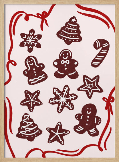 An illustration of various gingerbread Christmas cookies, including gingerbread men, trees, stars, and a candy cane, decorated with white icing. The cookies are on a light pink background and framed by a red ribbon border. Wall Art