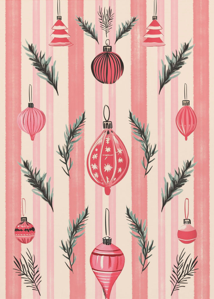 A framed art print with a festive pattern of various red and pink Christmas ornaments and pine sprigs. The background features vertical stripes in shades of pink and off-white, creating a cheerful, retro holiday aesthetic. Poster