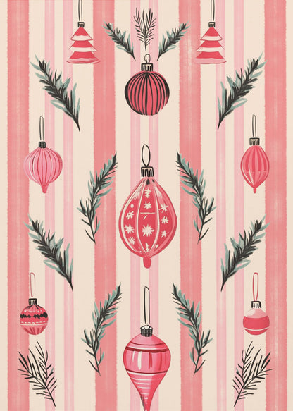 A framed art print with a festive pattern of various red and pink Christmas ornaments and pine sprigs. The background features vertical stripes in shades of pink and off-white, creating a cheerful, retro holiday aesthetic. Poster