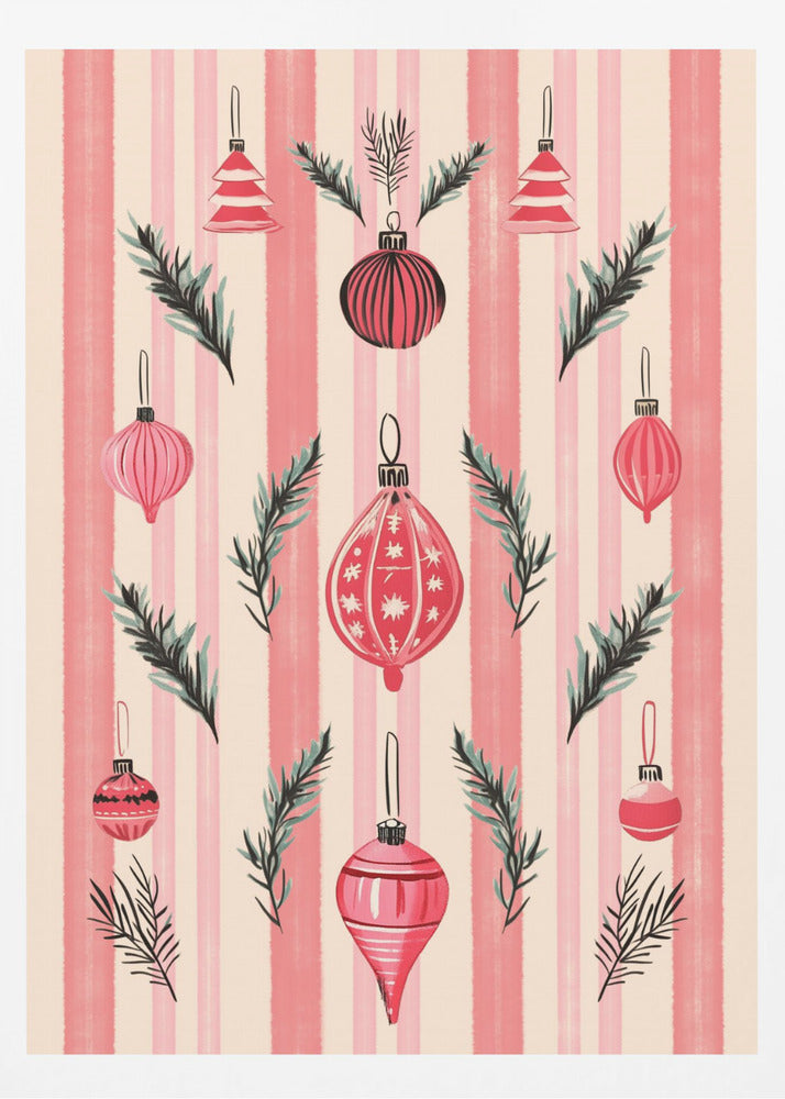A framed art print with a festive pattern of various red and pink Christmas ornaments and pine sprigs. The background features vertical stripes in shades of pink and off-white, creating a cheerful, retro holiday aesthetic. Poster
