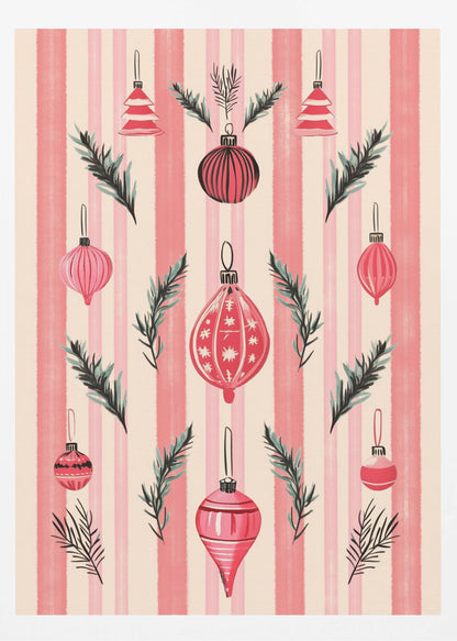 A framed art print with a festive pattern of various red and pink Christmas ornaments and pine sprigs. The background features vertical stripes in shades of pink and off-white, creating a cheerful, retro holiday aesthetic. Poster