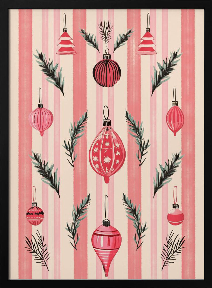 A framed art print with a festive pattern of various red and pink Christmas ornaments and pine sprigs. The background features vertical stripes in shades of pink and off-white, creating a cheerful, retro holiday aesthetic. Poster