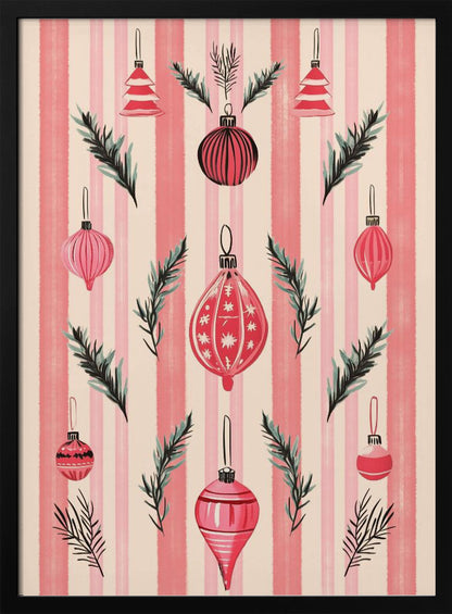 A framed art print with a festive pattern of various red and pink Christmas ornaments and pine sprigs. The background features vertical stripes in shades of pink and off-white, creating a cheerful, retro holiday aesthetic. Poster