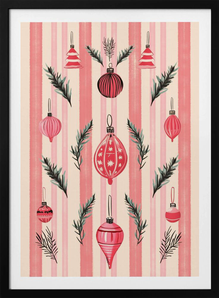 A framed art print with a festive pattern of various red and pink Christmas ornaments and pine sprigs. The background features vertical stripes in shades of pink and off-white, creating a cheerful, retro holiday aesthetic. Poster