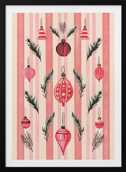 A framed art print with a festive pattern of various red and pink Christmas ornaments and pine sprigs. The background features vertical stripes in shades of pink and off-white, creating a cheerful, retro holiday aesthetic. Poster