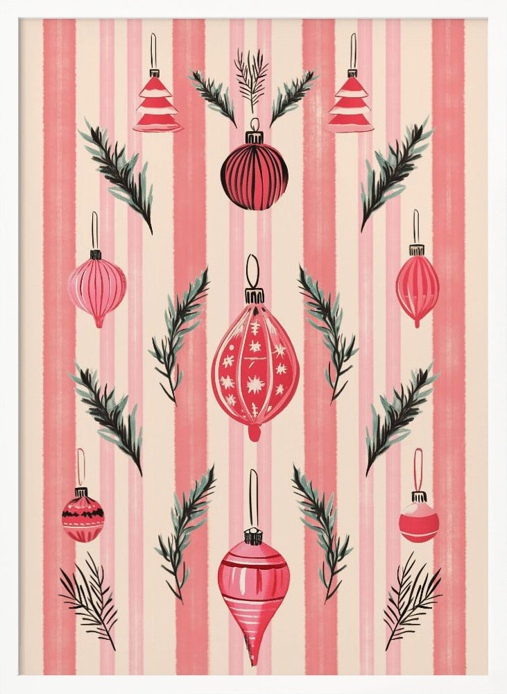 A framed art print with a festive pattern of various red and pink Christmas ornaments and pine sprigs. The background features vertical stripes in shades of pink and off-white, creating a cheerful, retro holiday aesthetic. Poster