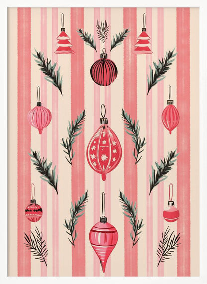 A framed art print with a festive pattern of various red and pink Christmas ornaments and pine sprigs. The background features vertical stripes in shades of pink and off-white, creating a cheerful, retro holiday aesthetic. Poster