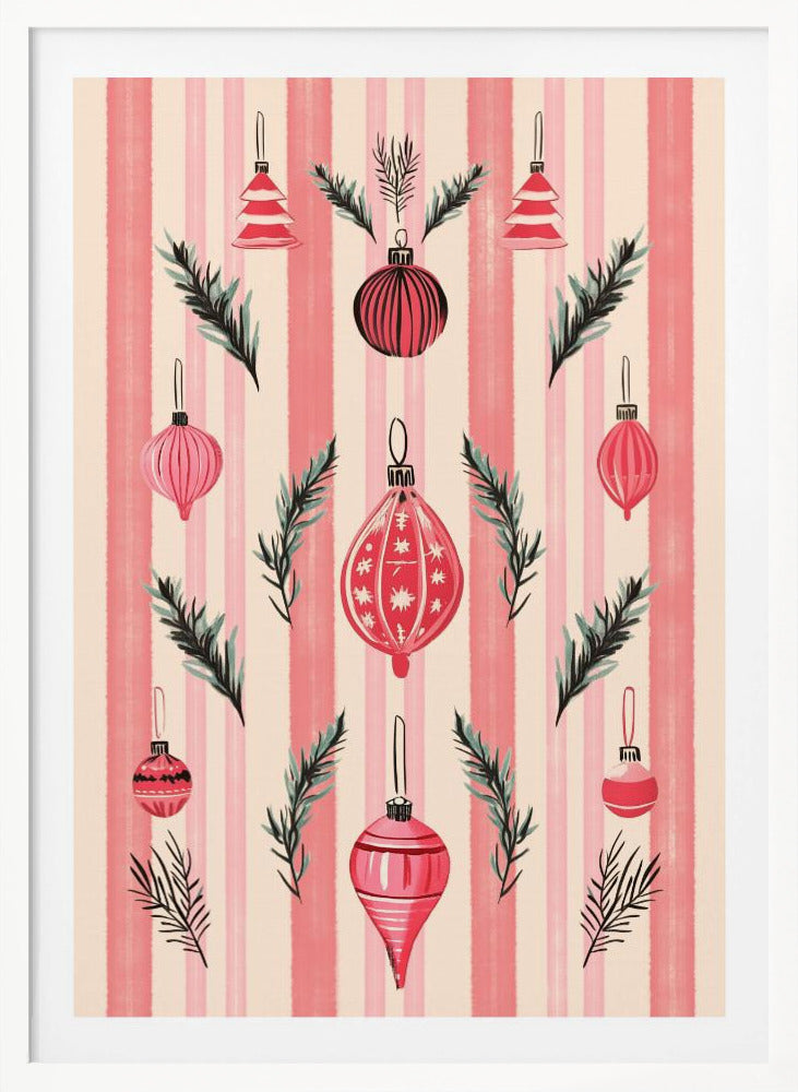 A framed art print with a festive pattern of various red and pink Christmas ornaments and pine sprigs. The background features vertical stripes in shades of pink and off-white, creating a cheerful, retro holiday aesthetic. Poster